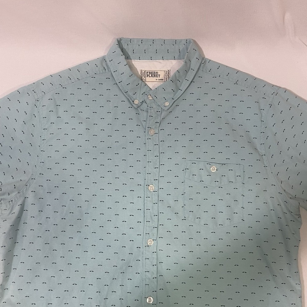 Free Planet - Blue Mustache 'AOP' Button Up Short Sleeve Men's XL